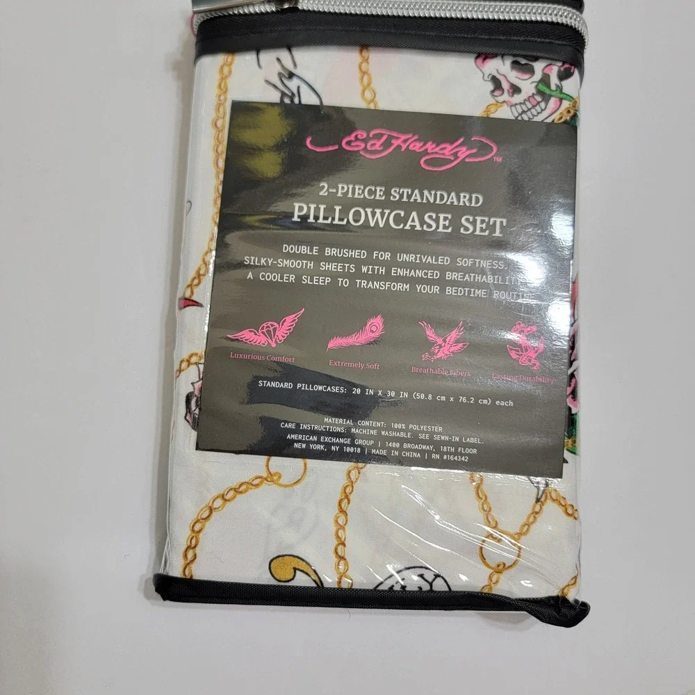 Ed Hardy 2 Piece Standard Pillowcase Set Tattoo Tiger Skull Gold Chain White NEW